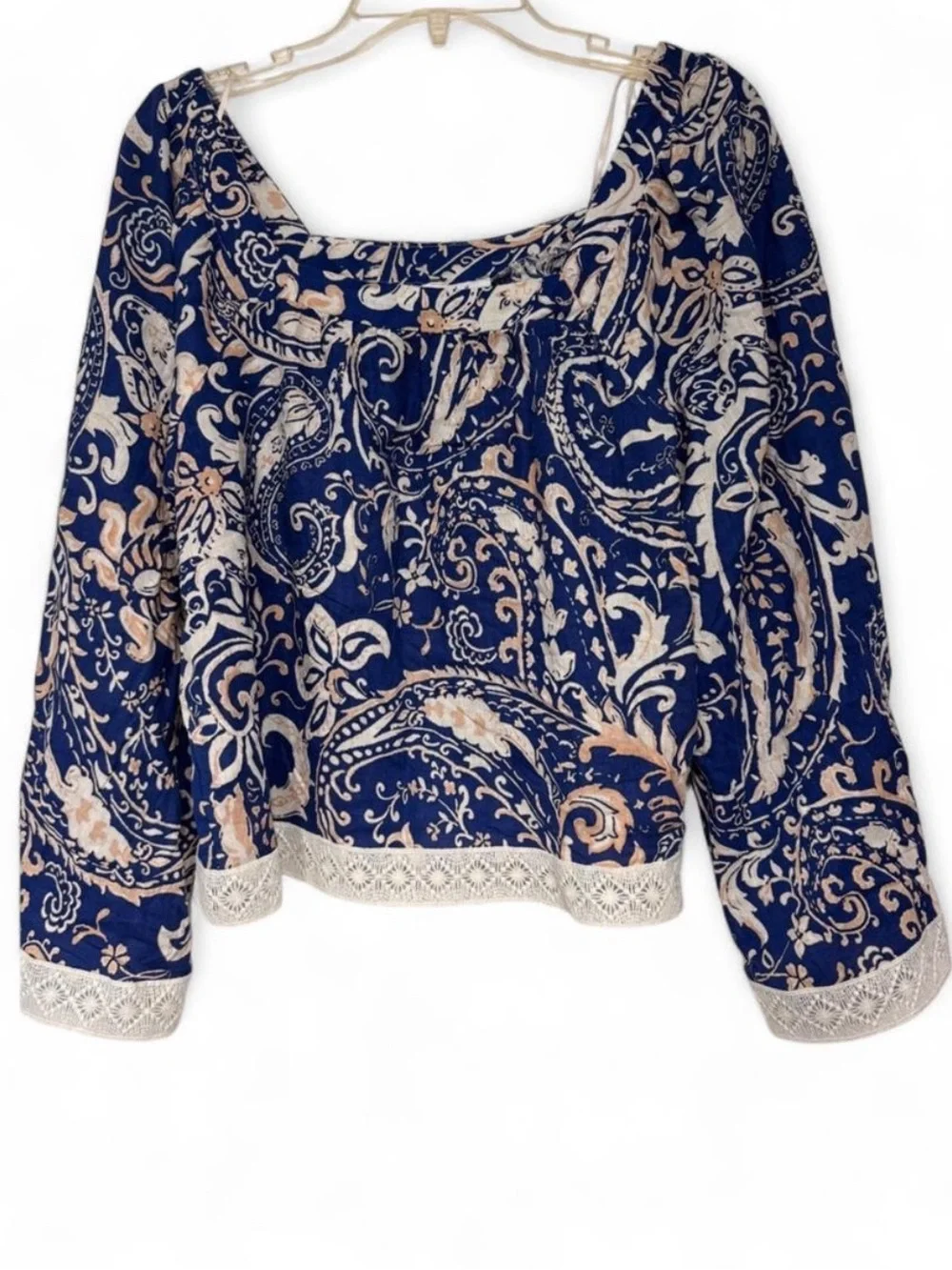 Nicole Miller Paisley Linen-Blend Blouse, bohemian-style peasant top, size Large - Picture 1 of 5